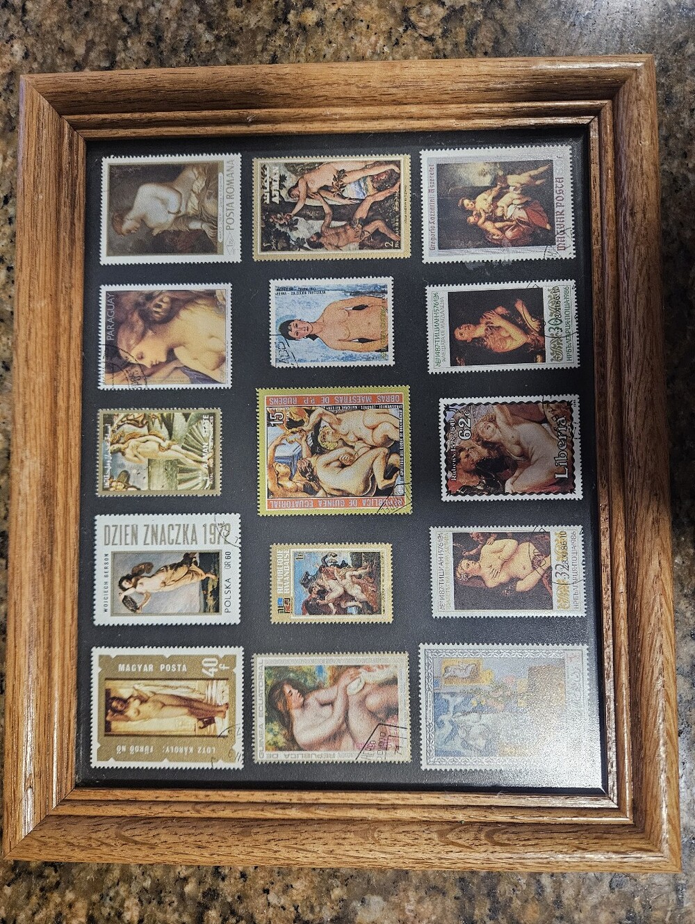 Framed Vintage Stamp Art in Brown Frame - Black Mat